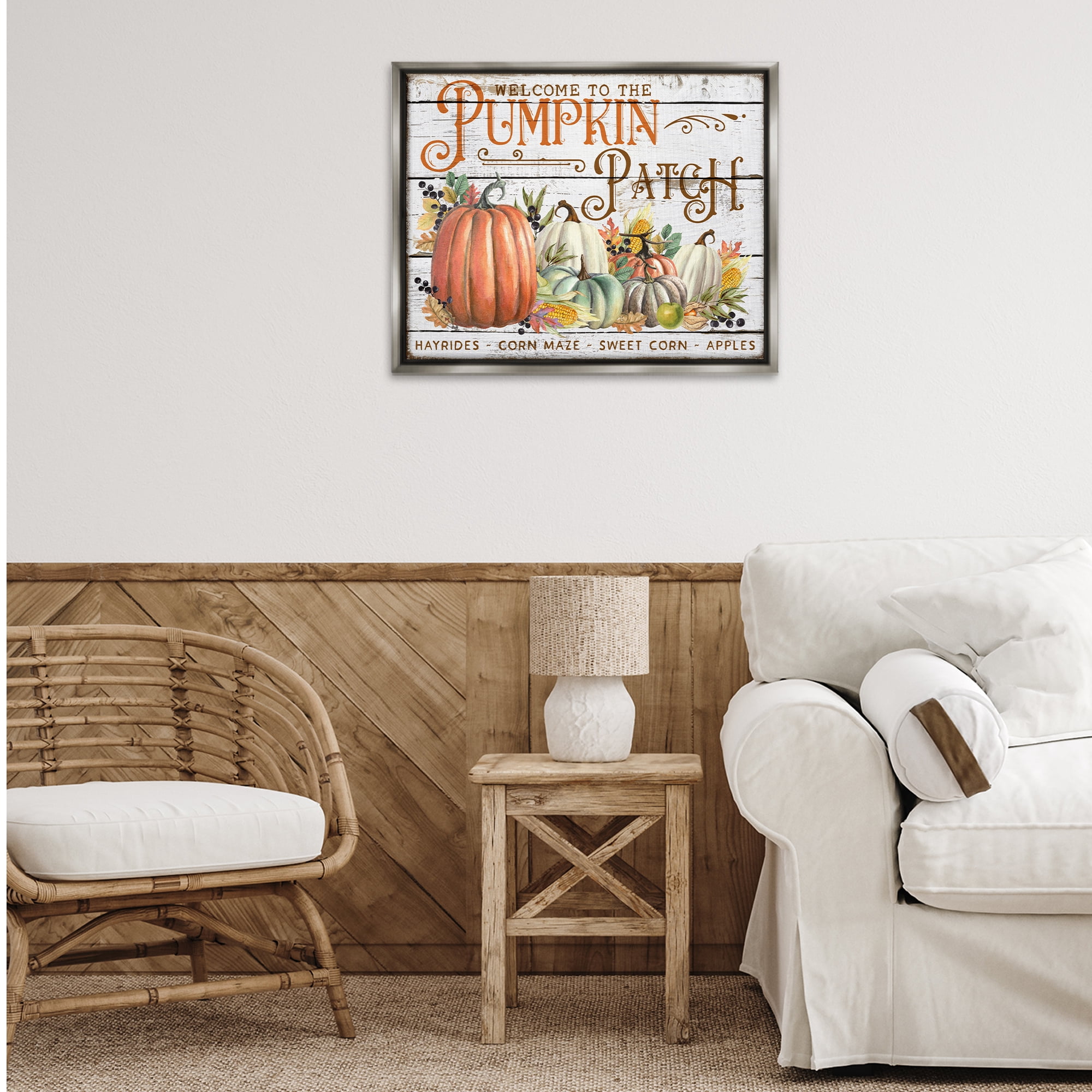 Stupell Industries Welcome Pumpkin Patch Holiday Painting Gray Floater Framed Canvas Art Prints Wall Art, 31 x 25