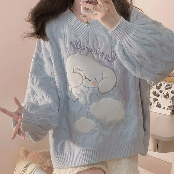 Sanrio Sweater Kawaii Cinnamorol V-Neck Knitwear Interior Lapping Long Sleeve Loose Coat Autumn and Winter Girls' Clothes