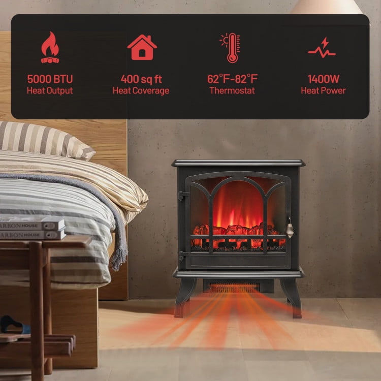 Barara King Fireplace Heater,  Indoor Fireplace, 1400W Electric Stove Heater with 3-Level Flame Effect and 3-Sided View-Black