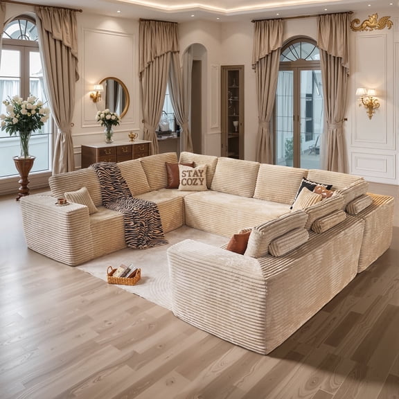 Toject Cloud Sectional Couch, Modern Modular Sleeper Couch with Deep Seat Loveseat, No Assembly Required, Plush Corduroy Sofa Couch for Living Room, U-Shaped, Beige
