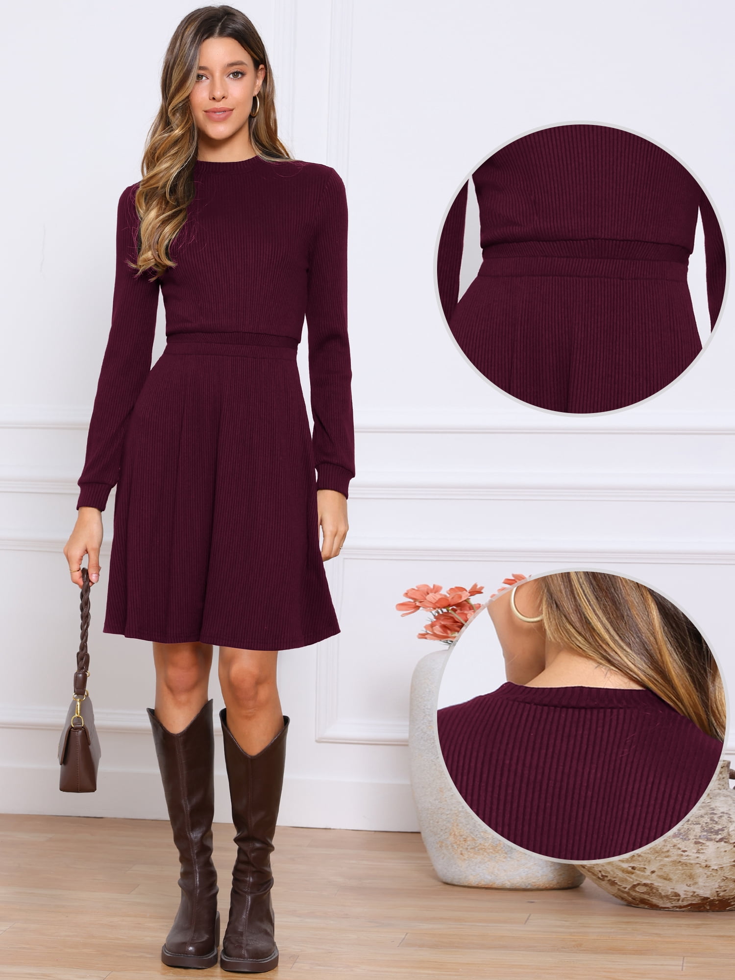 DARING DIVA Women's Long Sleeve Fall A-Line Ribbed Knit Crew Neck Dress XL Burgundy