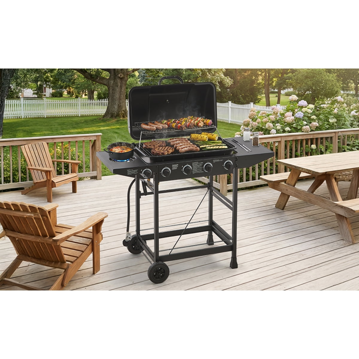 4 Burner BBQ Propane Gas Grill with Side Burner 42000 BTU Output Stainless Steel Barbecue Grill with Enamel Coated Grates and Side Tables for Outdoor Cooking Kitchen and Patio Backyard