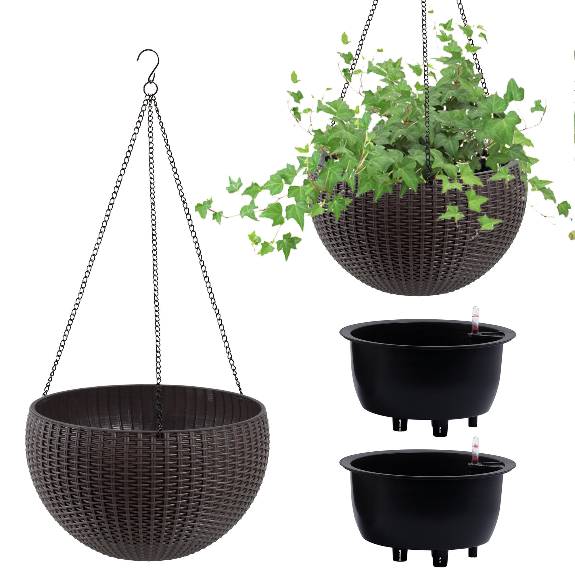 Fehomix Self-Watering Hanging Planter 13.4 Inch 2-Pack, Large Brown Rattan Plant Pots with Water Level Indicator, Root Rot Resistant for Indoor Outdoor Garden Balcony