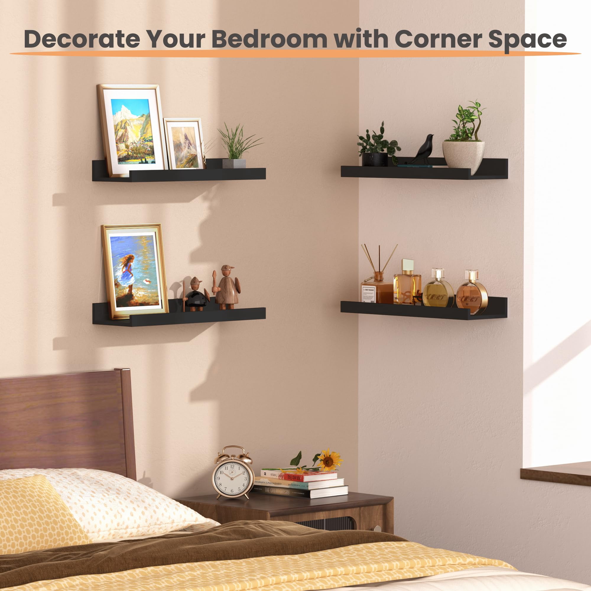 Floating Shelves for Wall, Wall Shelves for Decor Storage Set of 6, Wall Mounted Wood Shelf for Bedroom, Living Room, Bathroom, Kitchen, Picture Ledge Shelf