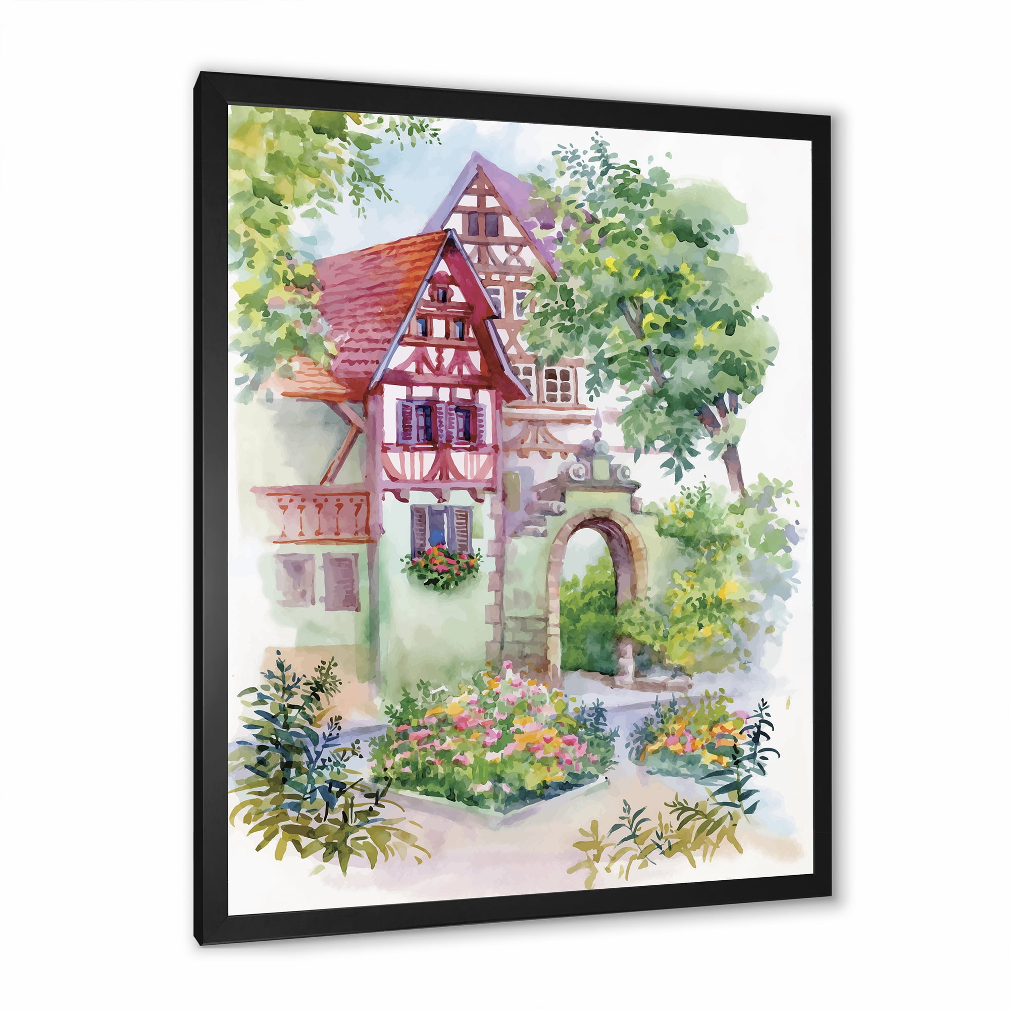 Designart 'Red Rustic House In The Country Side Landscape' Traditional Framed Art Print