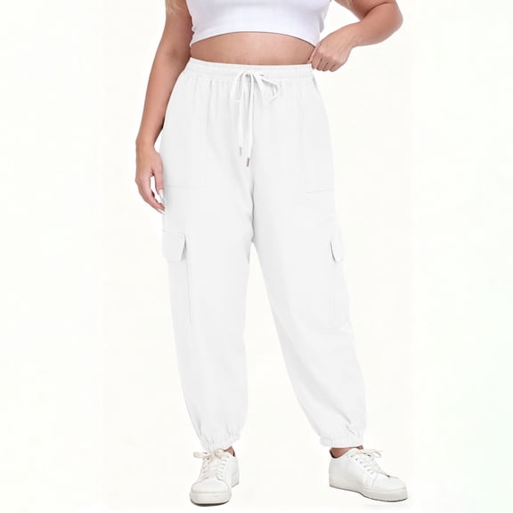 Womens Elastic Waist Plus Size Sweatpants Solid Color Drawstring With Pockets Soft Comfy Fabric Casual Loungewear Athletic Daily Office Weekend Ladies Wear White 4XL