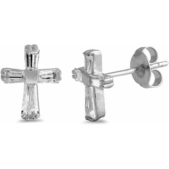 Baguette Clear Cubic Zirconia Simple Cross Stud Earring Sterling Silver[v763]