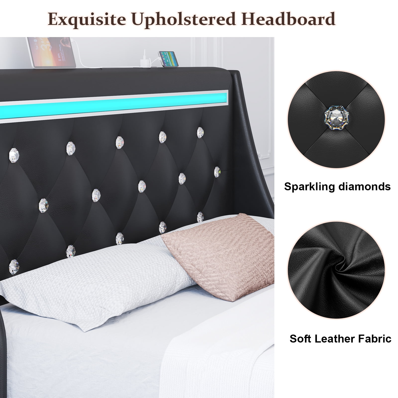 Holiway Full Size LED Bed Frame with Upholstered Headboard, Wingback PU Leather Headboard with Charging Station, Diamond Tufting, Black