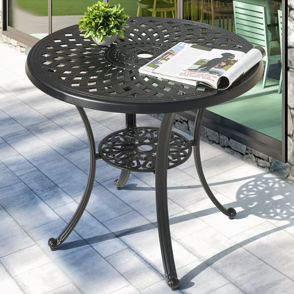 Nuu Garden 31" Round Patio Bistro Table, Cast Aluminum Round Outdoor Bistro Table with Umbrella Hole for Poolside, Deck, Porch, Backyard, Balcony, Black with Gold-Painted Edge