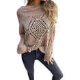 thumbnail image 5 of Women Sweater Round Neck Long Sleeve Hollow Design Jacquard Decor Knitting Tops Solid Color Loose Fit Casual Sweater, 5 of 8