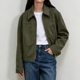 thumbnail image 4 of Xinoom Women's Faux Suede Zip Up Work Jacket, Point Collar Long Sleeve Boxy Cropped Utility Coat with Side Pockets, Casual Fall Outerwear Army Green,L, 4 of 8