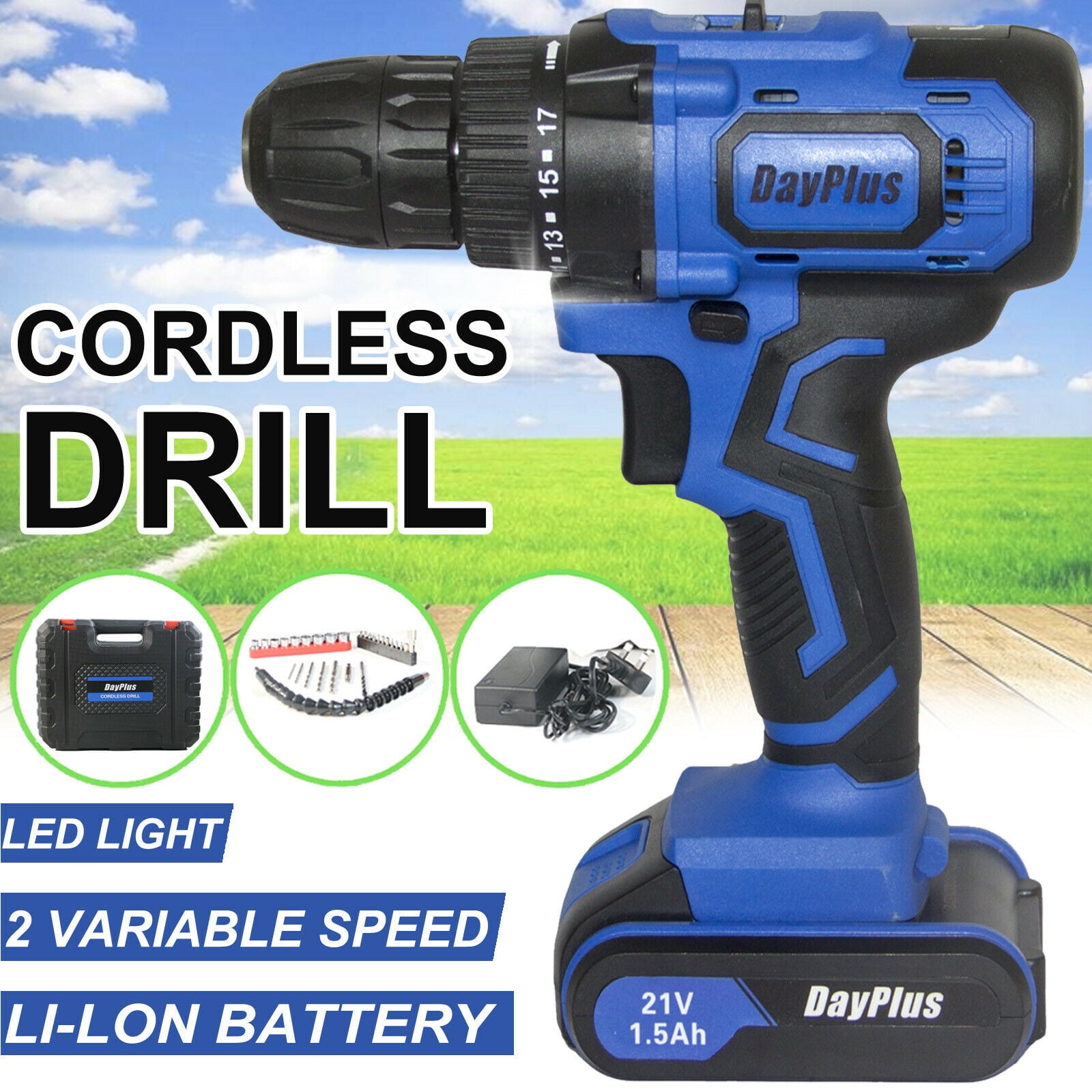 Heavy Duty 21V Cordless Combi Drill Screwdriver Dual Speed Li-Ion Fast Charge 
