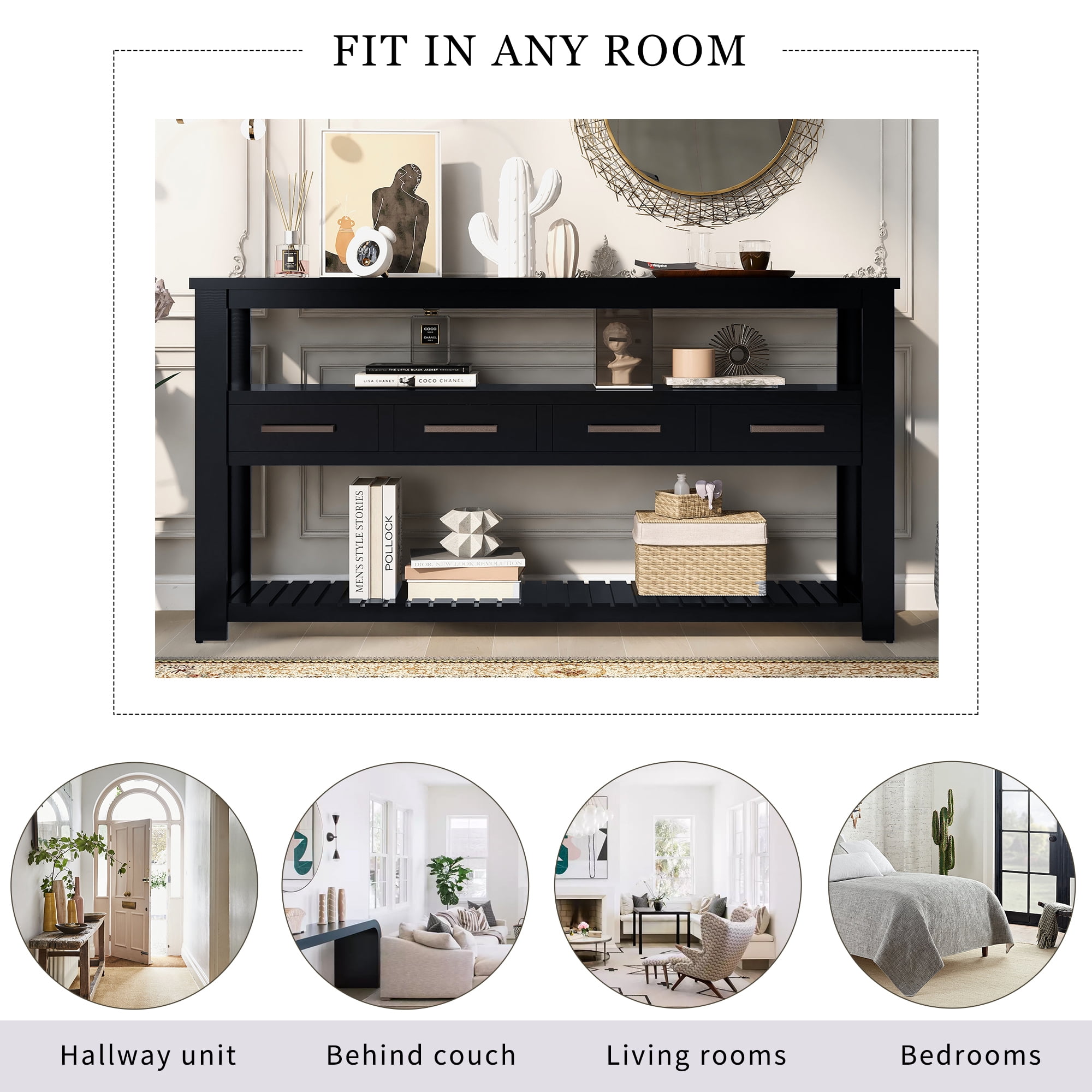 Euroco 61.5" Large Console Table, Modern Wood Entryway Table Sofa Table with 3-Tier Open Shelves & 4 Drawers for Living Room, Hallway, Foyer, Black