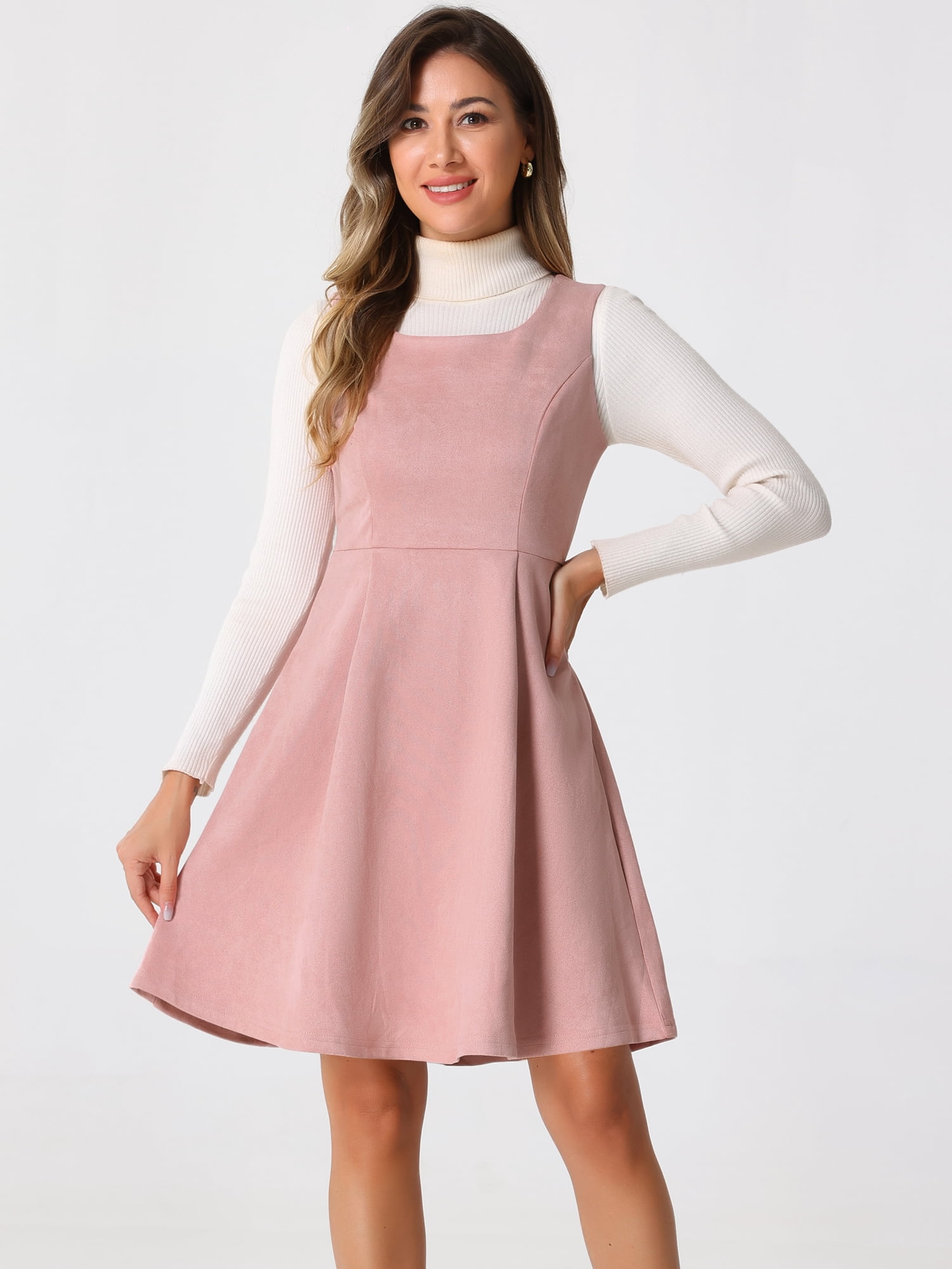 DARING DIVA Round Neck Sleeveless A-Line Pleated Faux Suede Overall Dress S Pink