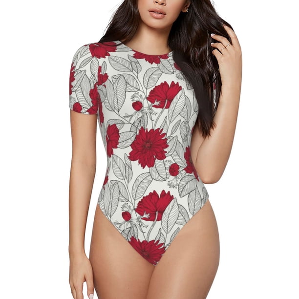 Balery Leaves And Anemone Body de cuello redondo de manga corta para mujer Tops de manga corta Tops básicos-Large