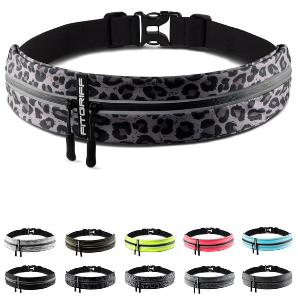 Fitgriff Cinturón para correr para hombres y mujeres - Bolsa segura para correr para llaves y elementos esenciales del teléfono - Para todos los teléfonos celulares (Leopard 24.5"" - 35.5"" Tamaño de