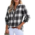 thumbnail image 3 of Women'S V Neck Plaid Shirts Dressy Casual Button-Down Business Work Boho Tops Long Sleeve Fall Outfits Black & White L, 3 of 9