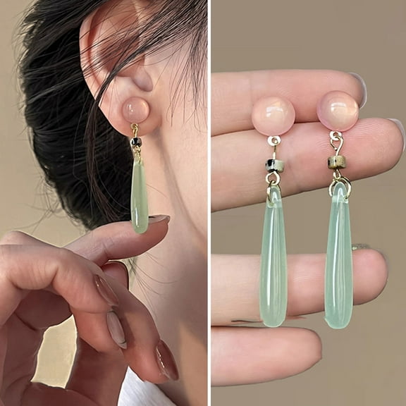 Eosunjian 1 Pair Dangle Earrings Chinese Style Elegant Noble Faux Jade Chalcedony Bead Drop Earrings Jewelry Accessories Green