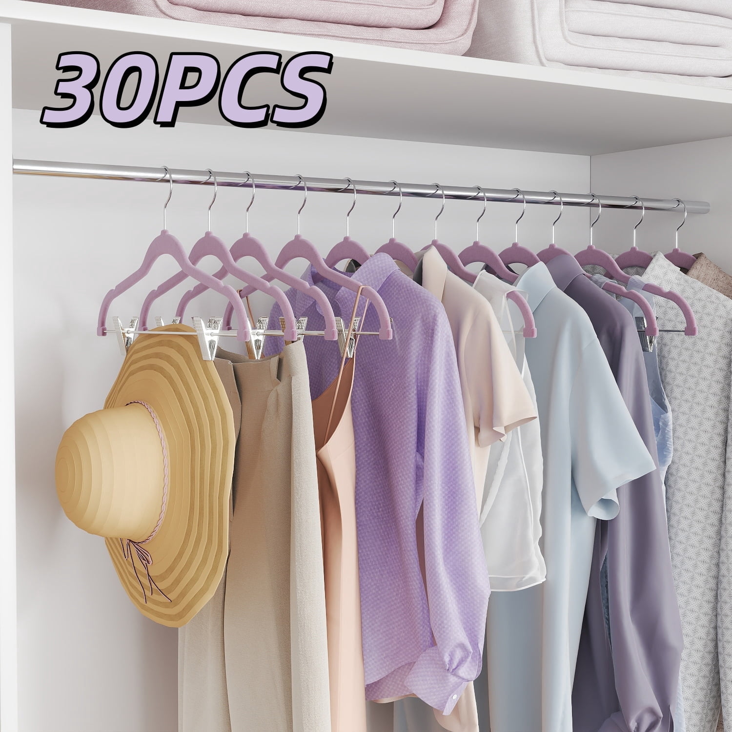 LEDREM 30-Pack Adjustable Velvet Hangers, Heavy-Duty Non-Slip Skirt Hangers, Pants Hangers with Movable Clips, Space-Saving for Dresses & Coats, Pale Purple
