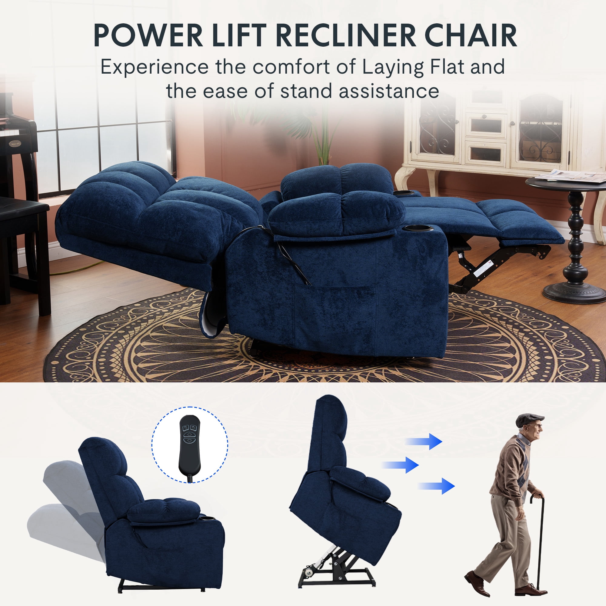 FitStand Dual Motor Power Lift Recliner Chair for Elderly with Massage and Heat, Oversized Lay Flat Sleeping Recliner with USB Charging Ports, Blue