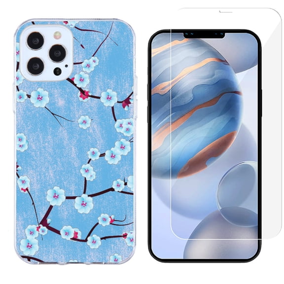 Slim-Fit Protective Phone Case compatible with iPhone 12 Pro Max, with Tempered Glass Screen Protector, by OneToughShield ® - Blossom Sky