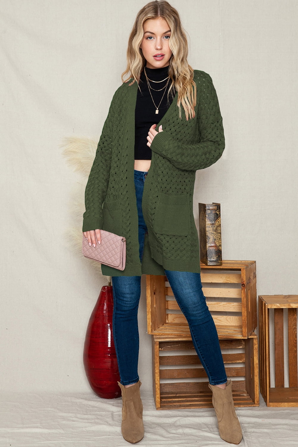 Plus Size Cardigans for Womens Oversized Loose Fit Sweaters with Pockets Long Sleeve Knitted Fall Winter Outwear Coat Green 2XL - image 4