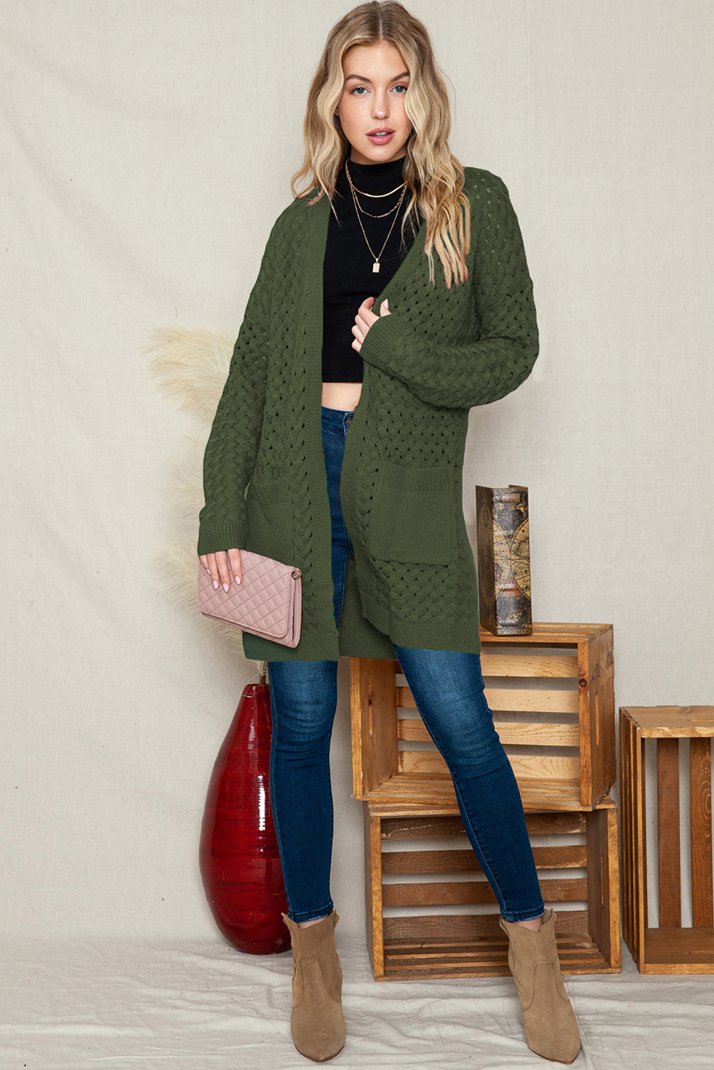 SHEWIN Women's Oversized Cable Knit Cardigan, Long Sleeve photo 4