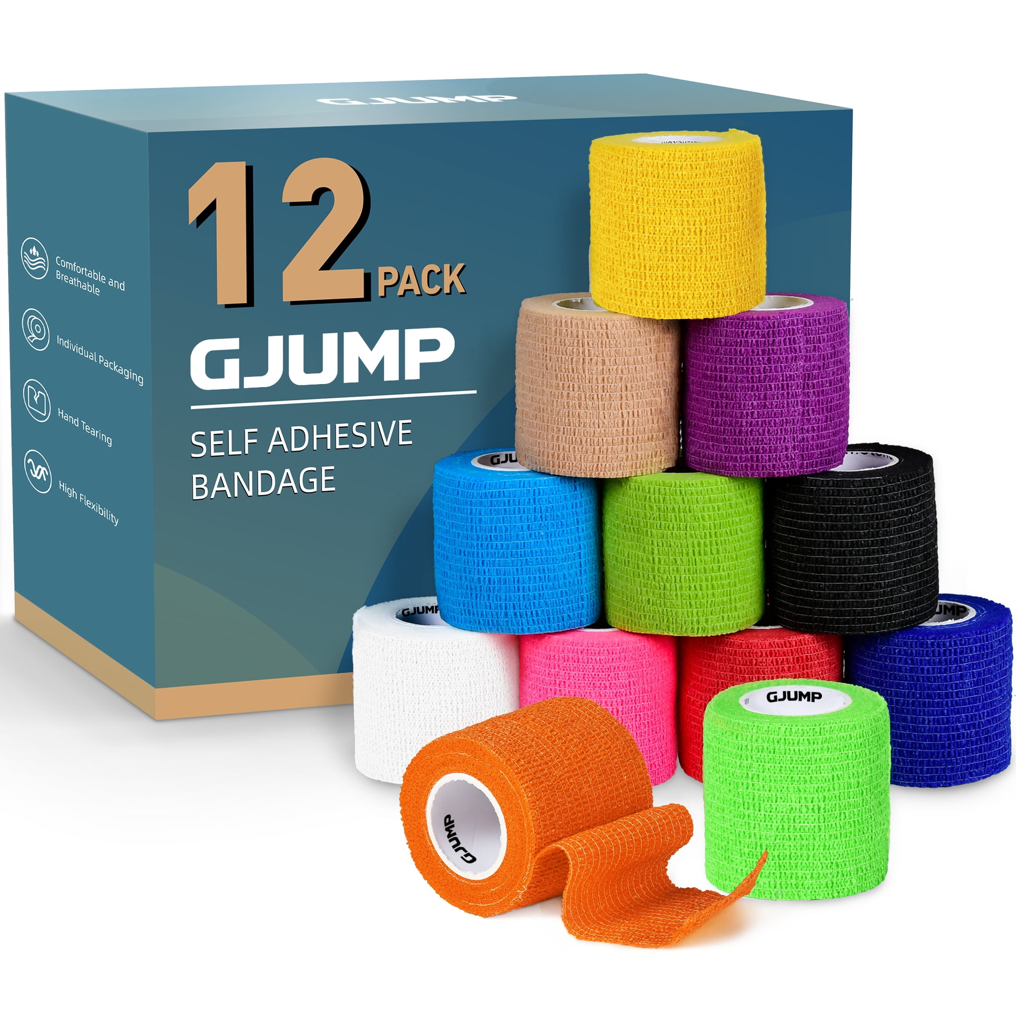 Adhesive Bandages 12 Pack, Athletic Tape 2 inches x 5 Yards(Rainbow)