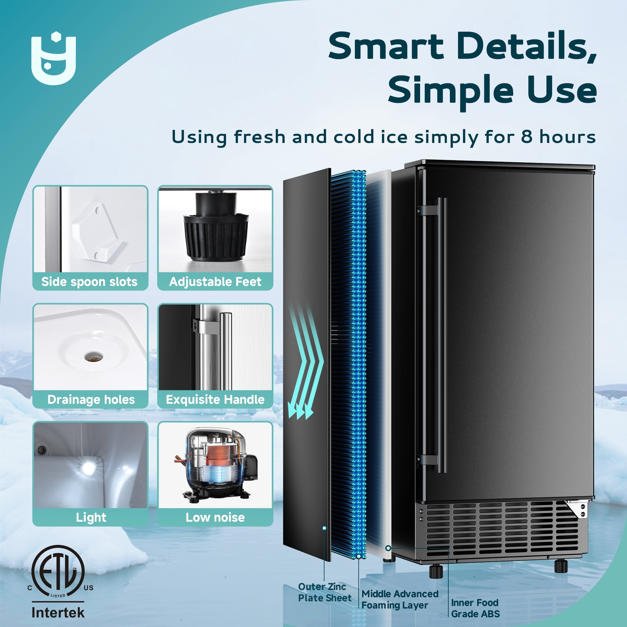EUHOMY 80lbs Under Counter Ice Maker, Built-In Commercial Cube Ice Machine with Drain Pump, Auto Clean, Black