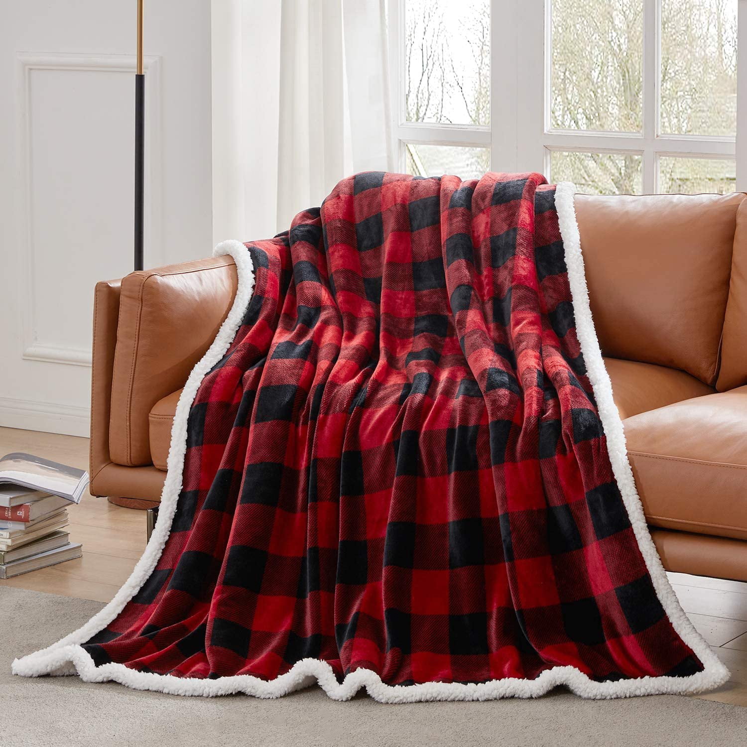 Sanmadrola 50''x60'' Throw Blanket for Couch Buffalo Plaid Sherpa Blanket Throw Fuzzy Red Black Checkered Flannel Fleece Blanket for Couch Bed Fluffy Warm Soft Christmas Plush Microfiber Blanket
