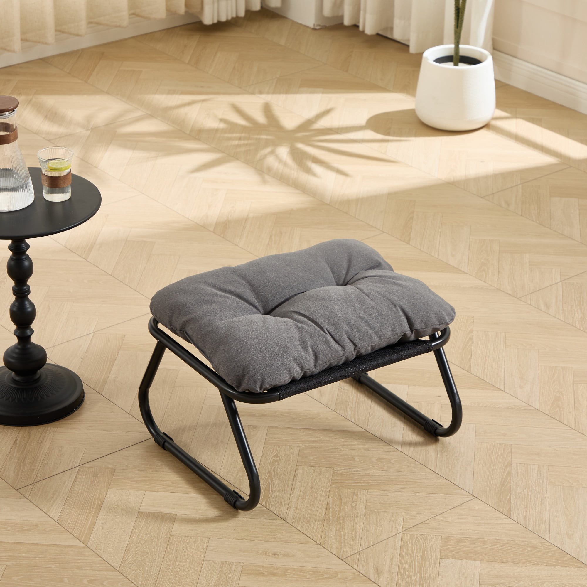 Leumius Patio Outdoor Lounge Chair with Ottoman, Comfy Sling Recliner Chair with Puffy Cushion and Foot Stool for Living Room Bedroom Reading Room Gray