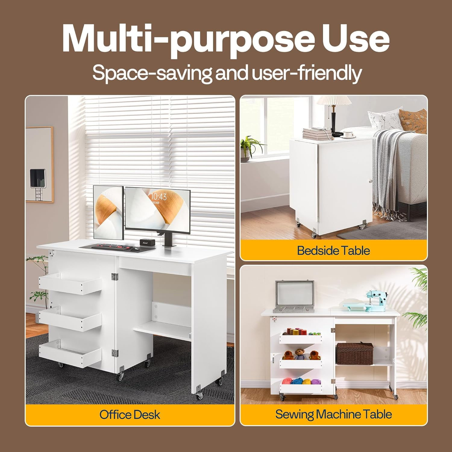SPECSTAR Folding Sewing Craft Table, Rolling Sewing Machine Desk with Storage Shelves, Sewing Cabinet with Lift for Small Spaces, White
