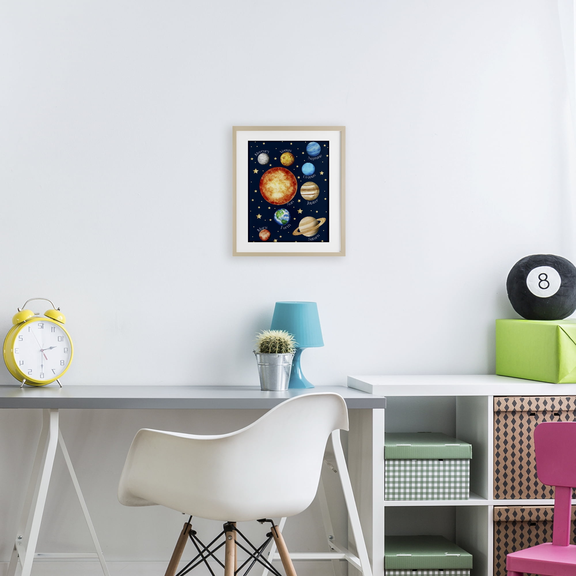 Educational Solar System Space Birch Framed Print Under Glass, design by Christine Simpson Art