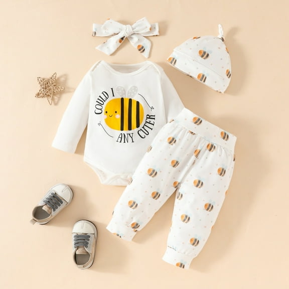 SILVERCELL Infant Toddler Bee Letter Pattern Long Sleeved Triangle Jumpsuit Pants Hairband Hat Four Piece Set for Girls 0-18M