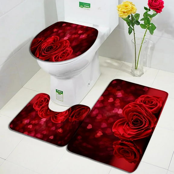 Red Rose Flowers Bath Mat Set Heart Shaped Floral Valentine's Day Woman Girl Home Carpet Bathroom Decor Floor Rugs Toilet Cover