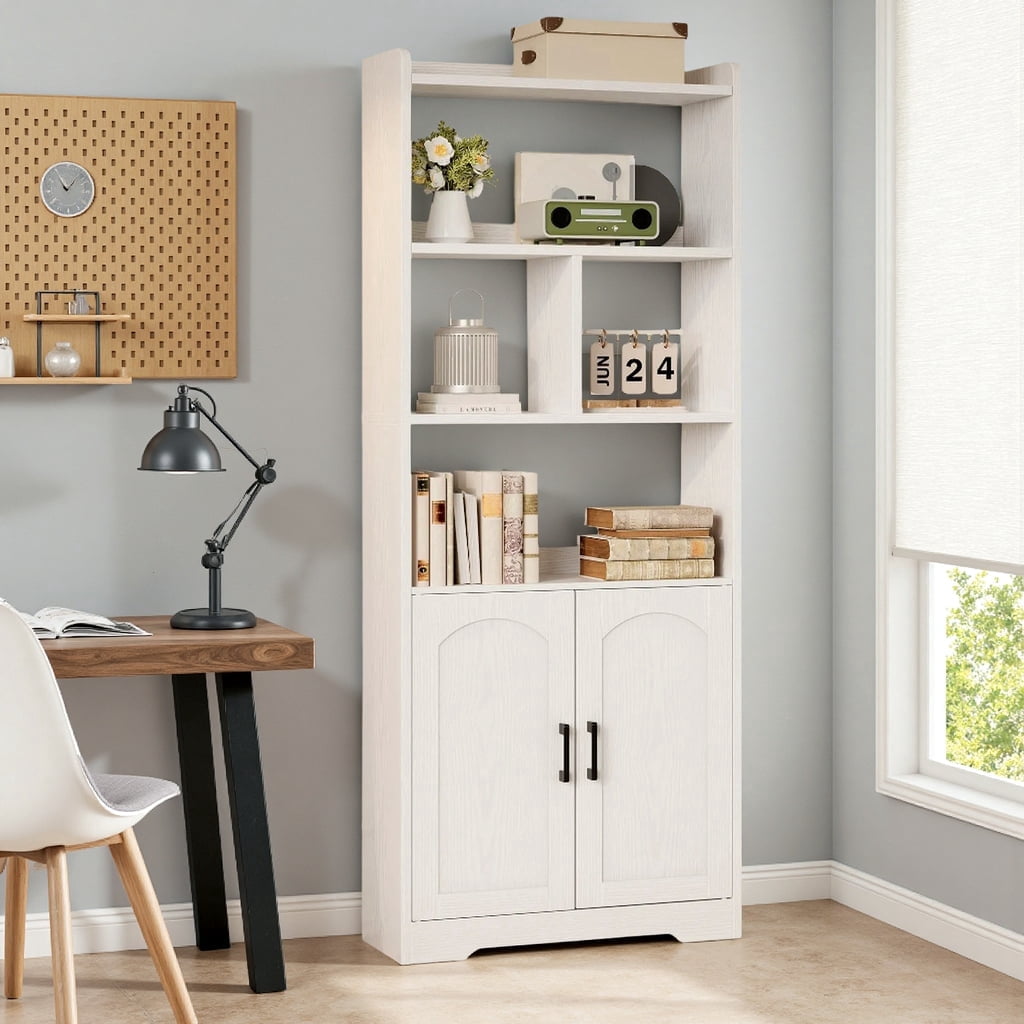 LIKIMIO 63" Tall Bookcase with Doors, Wood Bookshelf Open Display Shelf for Living Room Home Office, White