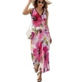thumbnail image 2 of Watercolor Flowers Pink Fuchsia Womens Night Club Maxi Dress V Neck Sleeveless Bohemia Long Dresses, 2 of 9
