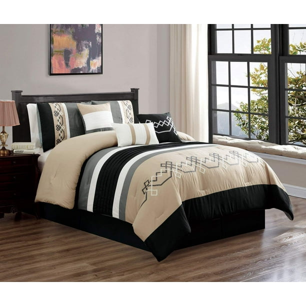 Hgmart Bedding Comforter Set Bed In A Bag 7 Piece Luxury Embroidery Microfiber Bedding Sets Oversized Bedroom Comforters Black Tan Queen Walmart Com Walmart Com