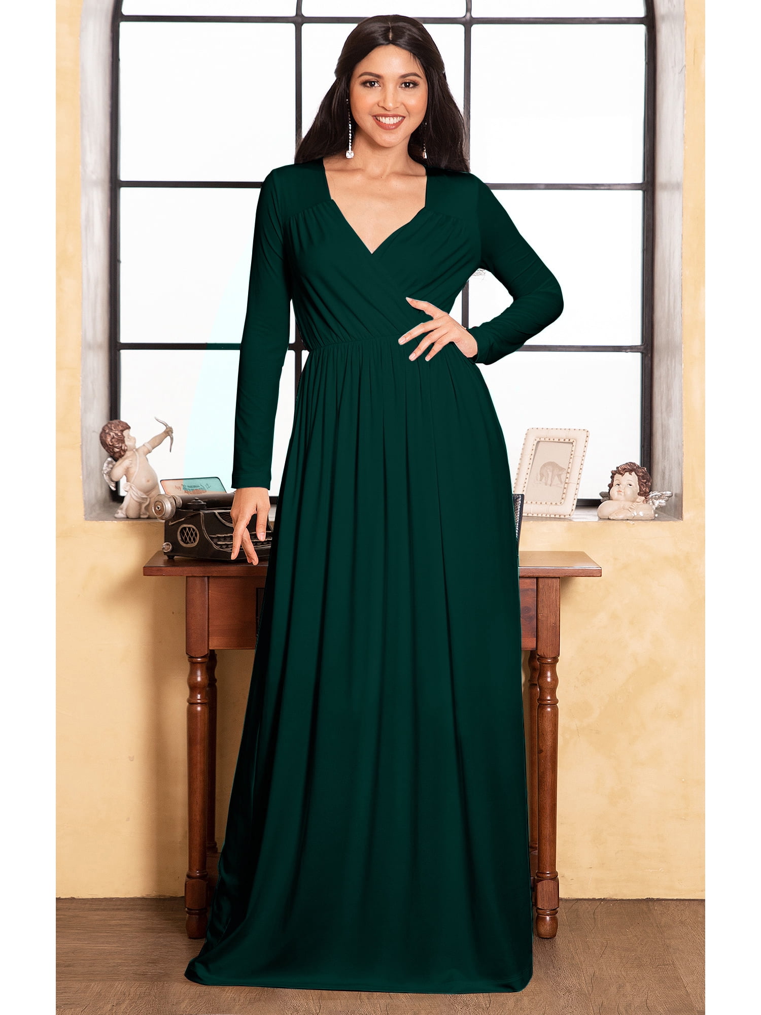 KOH KOH Long Sleeve Modest Fall Winter Evening Flowy Empire Waist Full  Floor Length Cocktail Formal Tall Maxi Dress For Women Gown Abaya Emerald  Green XXX-Large US 22-24 GMD001 - Walmart.com