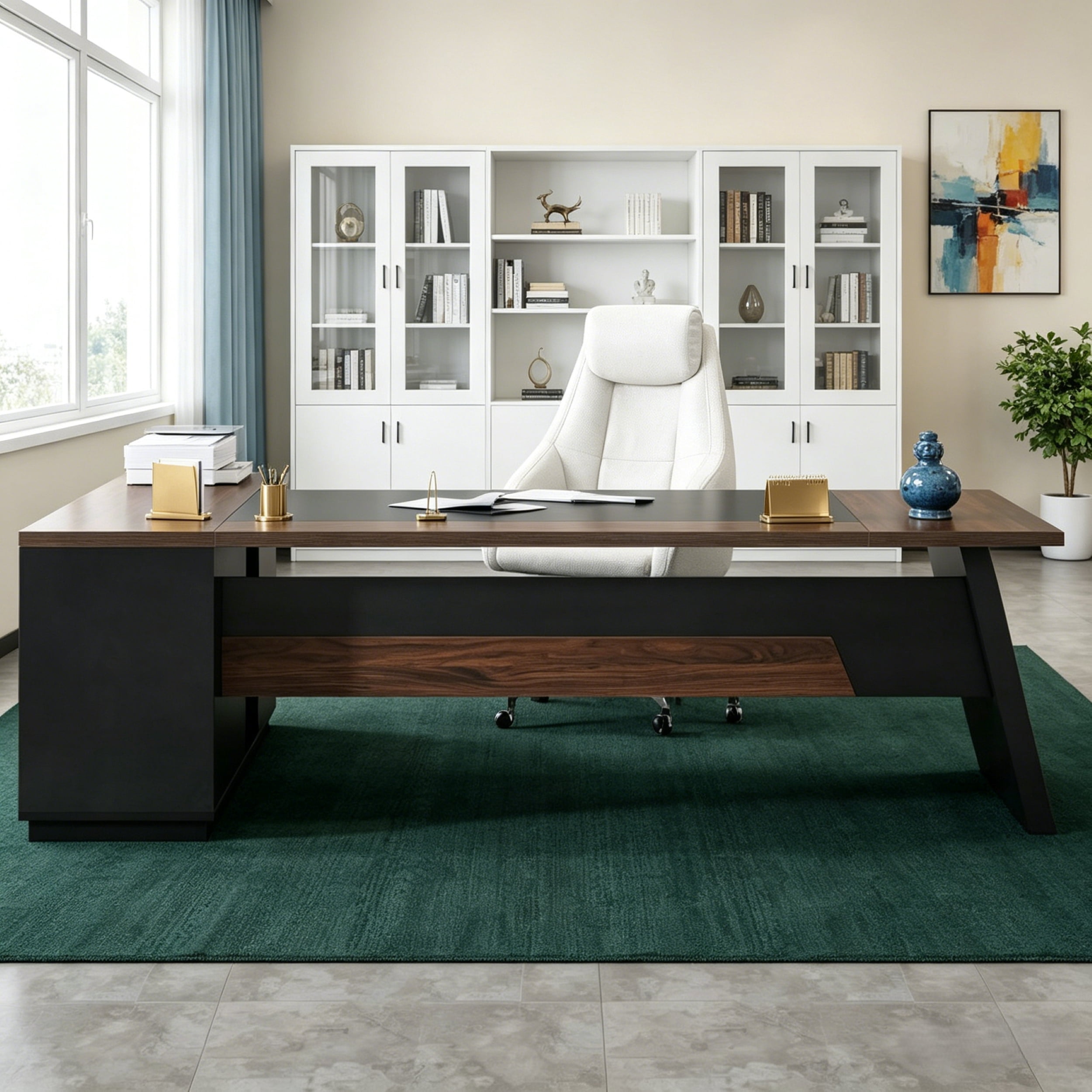 Fnova 78" L-Shaped Executive Desk with Drawers, Large Office Desk with Storage, Modern Business Desk for Home Office and Commercial Use
