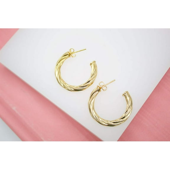 18K Gold Filled Open Hoop Twisted Rope Stud Earrings (J129)