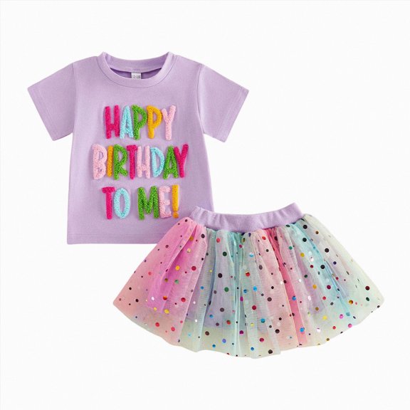 Leey-World Sets for Girls Toddler Baby Girl Birthday Outfit Birthday Girl Embroidery Shirt T-shirt Layered Ruffle Skirt Summer Clothes(Purple,12-18 Months)