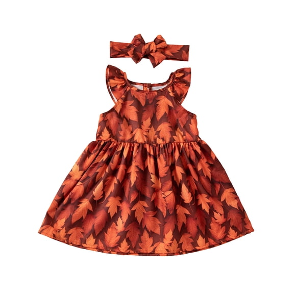 AWZXDE Girls Casual Play Rompers Ruffle Sleeveless Dress Matching Bow Headband Fall Maple Leaf Print Back Button Holiday Outfit Orange - 2-3 Years