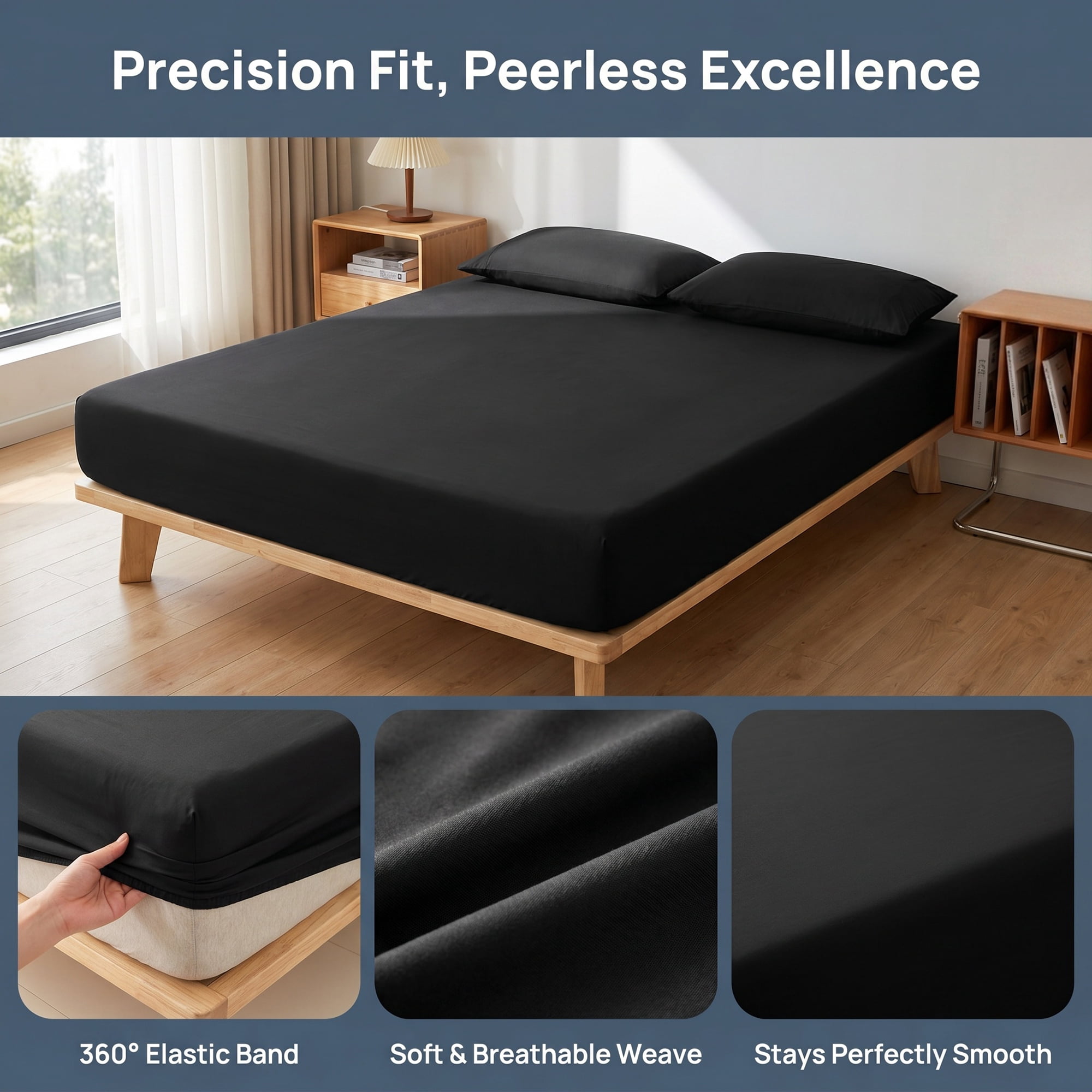 Unique Bargains Fitted Sheet Solid Cotton Bed Sheets Breathable Knight black 60.2"x79.9"