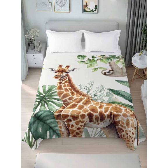 Tropical Giraffe Sloth Twim XL Size Flat Sheet, Wrinkleproof & Fadeproof Cooling Flat Bed Sheet Only, Watercolor Summer Palm Leaf Breathable Soft Bedding Top Sheets 66 x 102 Inches