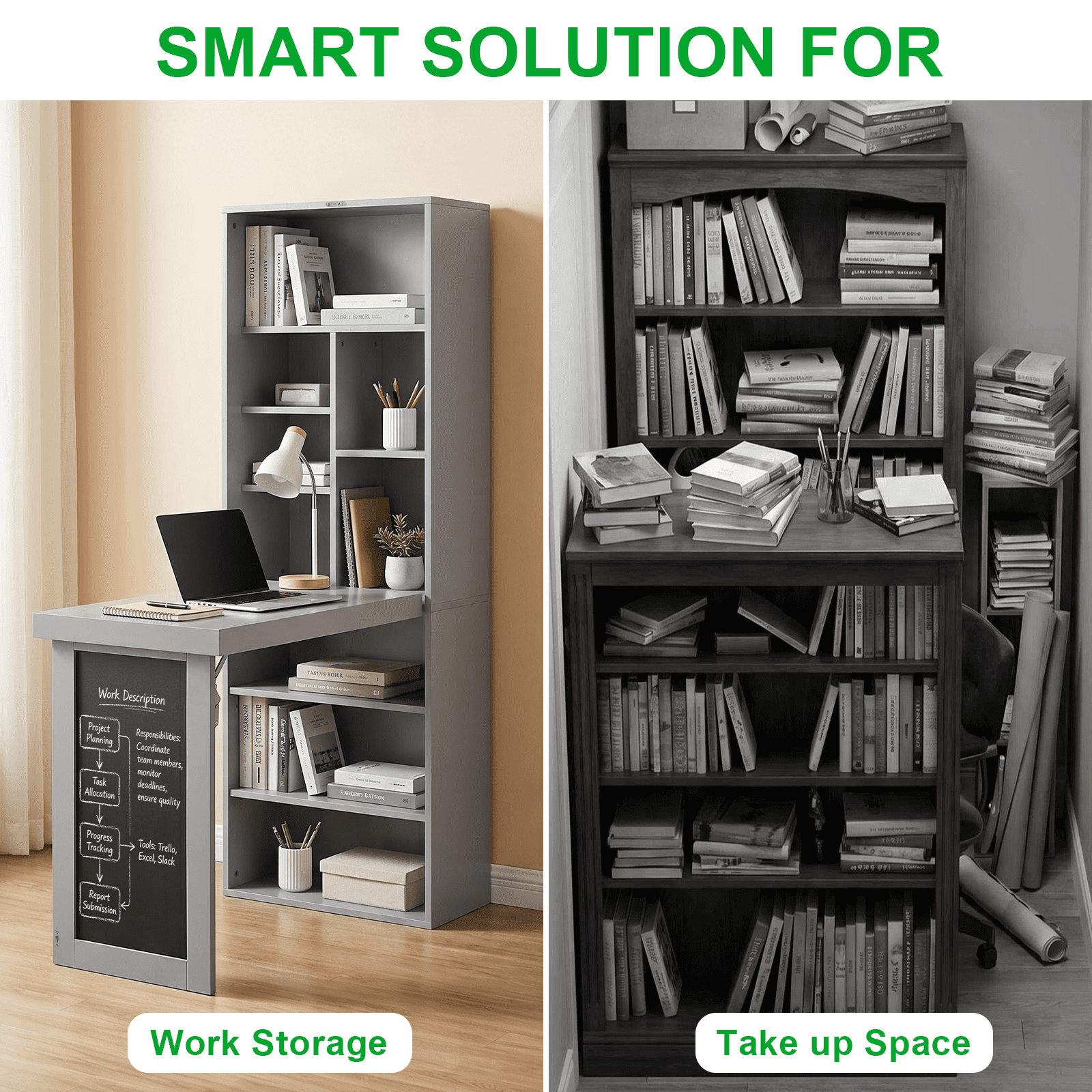 Folding Desk with Storage, Foldable Convertible Writing table with Blackboard and Shelves, Fold-Out Cabinet Table for Small Spaces/Home Office/Craft Room (Grey)