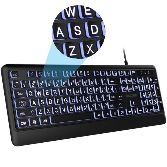 Delton KB20 Large Print Backlit Wired Keyboard, 4X Large Button Keyboard for Elderly or Visually Impaired, USB Wired Lighted Keyboard, 104 Keys Standard Keyboard, Compatible for PC/Laptop/iMac, Black