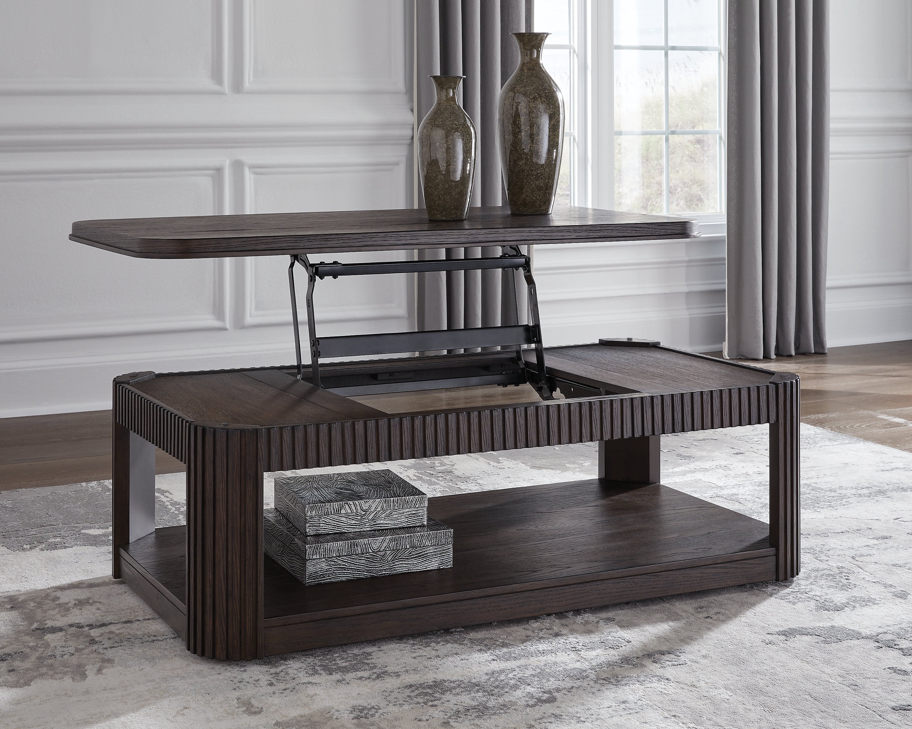 Signature Design by Ashley Carlibrie Lift Top Coffee Table, Brown Contemporary Cocktail Table with Shelf and Casters