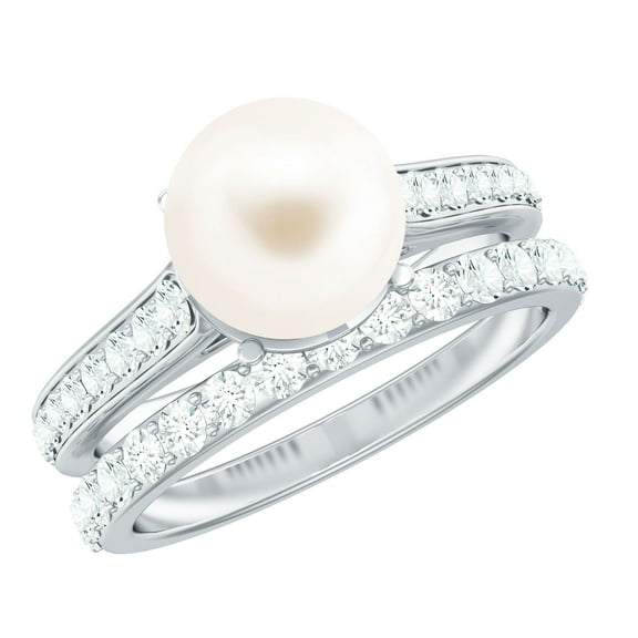 Rosec Jewels Natural Freshwater Pearl Wedding Engagement Ring Set - 7 Carat Engagement Ring with Wedding Band - AAA Quality, 925 Sterling Silver, US 4.00
