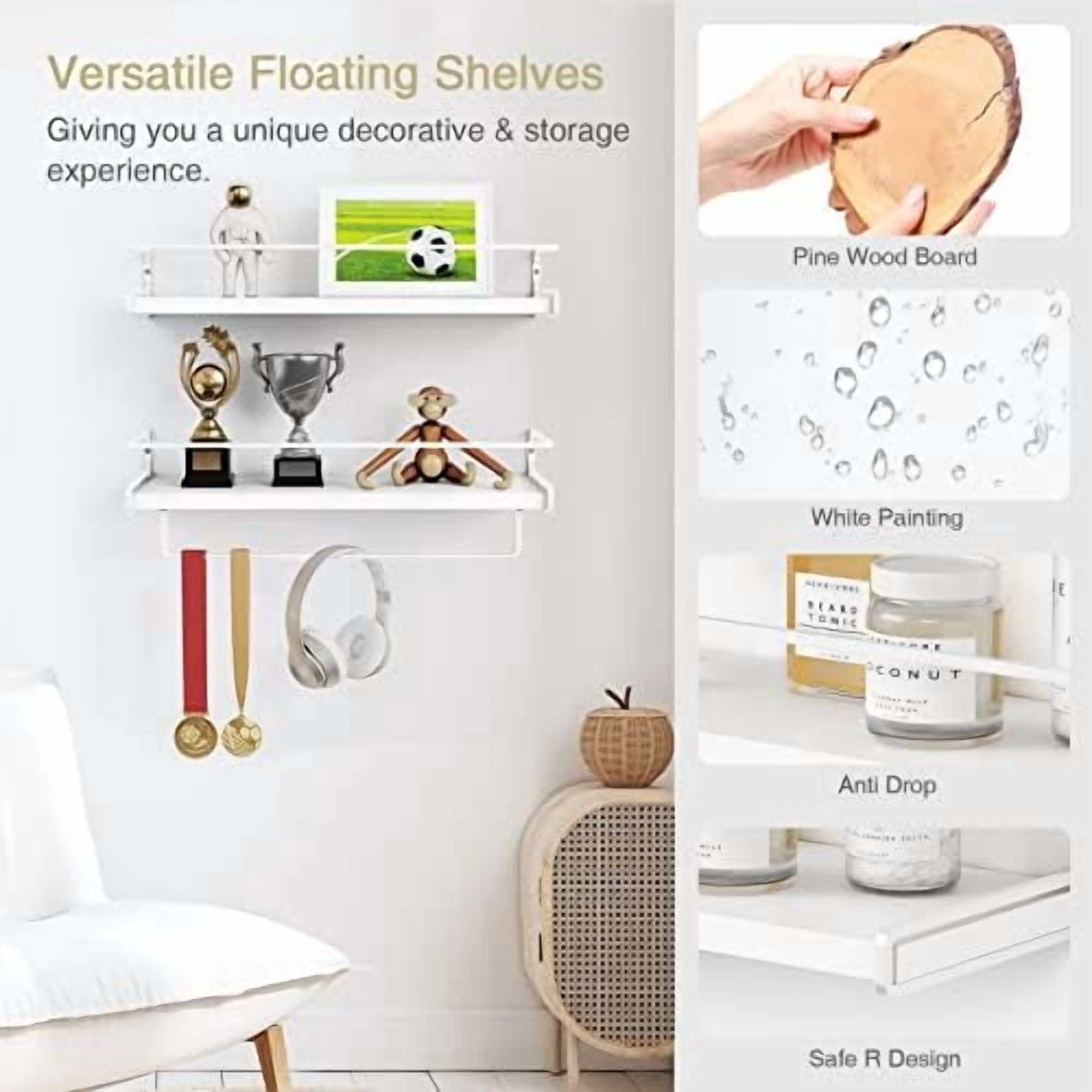Bathroom Shelves for Wall Set of 2, White Nursery Floating Book Shelves for Kids Room, Small Wall Mount Bookshelf and Toy Storage Organizer for Baby Toddlers Teens Boys Girls Bedroom